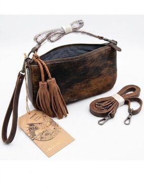 CATCHFLY STUDIO Cowhide & Brown Leather Crossbody Clutch Bag with Tassels